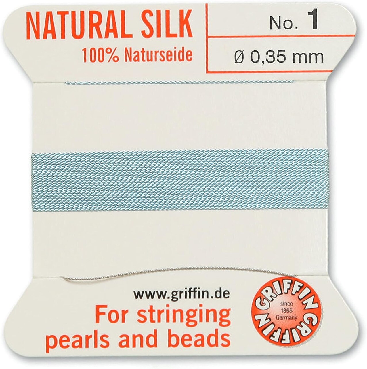Griffin Silk Bead Cord Perlseide – Size 1 (0.35mm) – 2 Meters per Card – Stainless Steel Needle Attached – for Knotting Pearls, Gemstones, Crystals and Beads